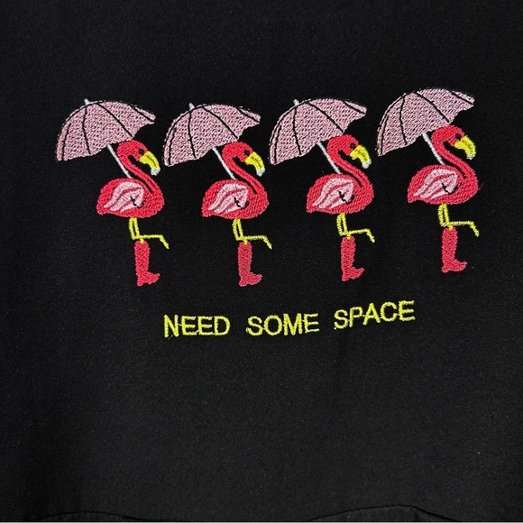Reyon Black Need Some Space Flamingo Embroidered Wide Leg Overalls 40 (US S) - Picture 3 of 7